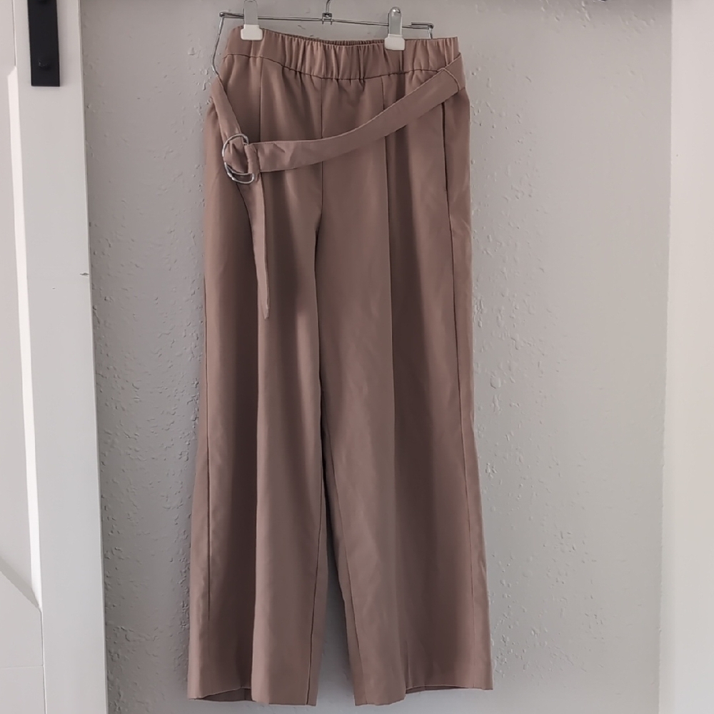 Ann Taylor - Tan Wide Leg High-Waisted Pants with Tie Belt, Women's Petite Large